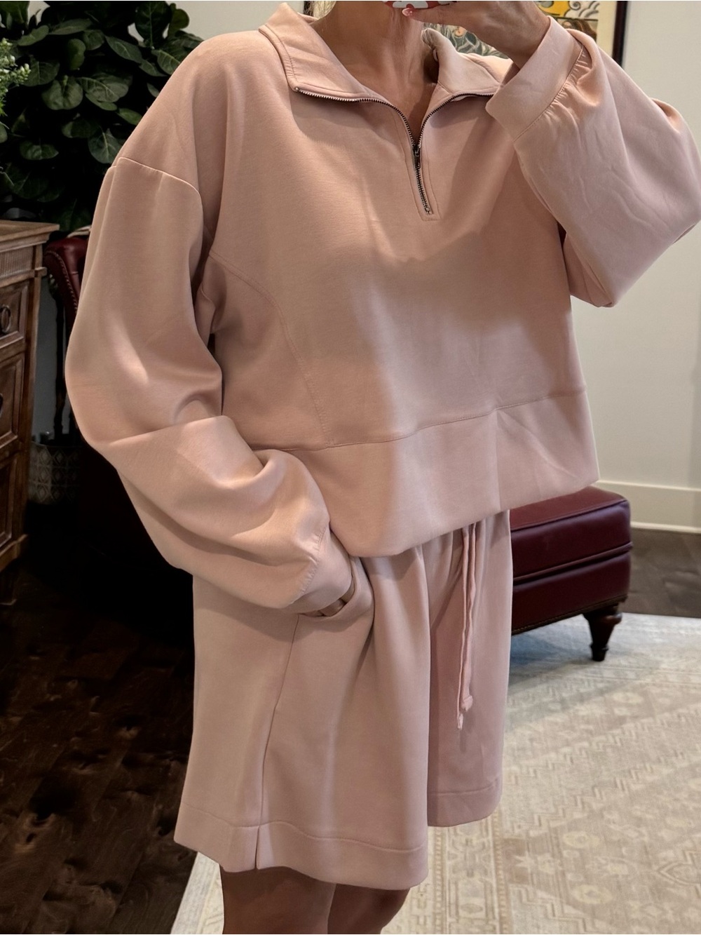 MARBLE Blush Pink Half-Zip Crew Sweatshirt with matching shorts